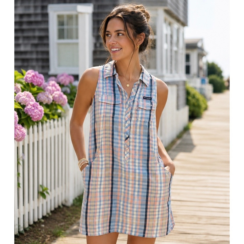 Columbia Women's Plaid Sleeveless Cotton  Henley Dress Pockets Blue Pink Sz S